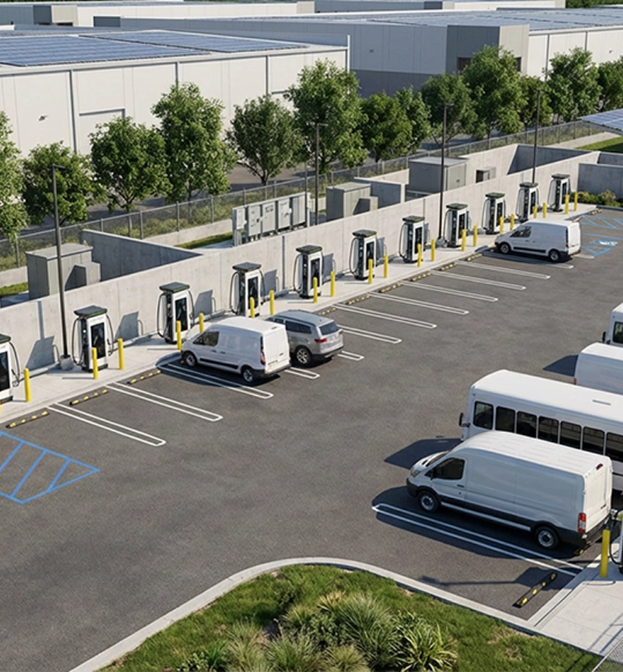 Parking area with multiple electric vehicle charging stations and various white vans and a gray SUV parked near them beside a building with solar panels on the roof.