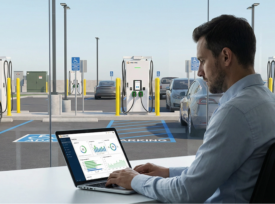 Man sitting indoors using a laptop displaying electric vehicle charging management software, with EV charging stations and parked cars visible outside through large windows.