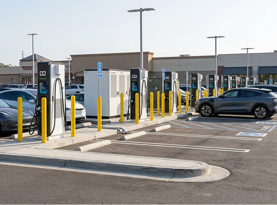 Row of electric vehicle charging stations in a parking lot with several cars parked and shopping center in the background.