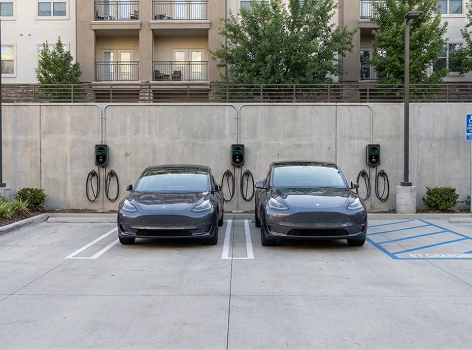 Two dark gray Tesla electric cars parked and connected to wall-mounted chargers in a residential parking lot.