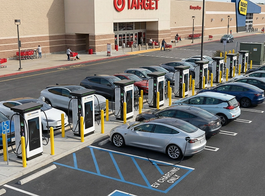 Electric cars parked and charging at a row of EV charging stations in front of a Target and Best Buy store.
