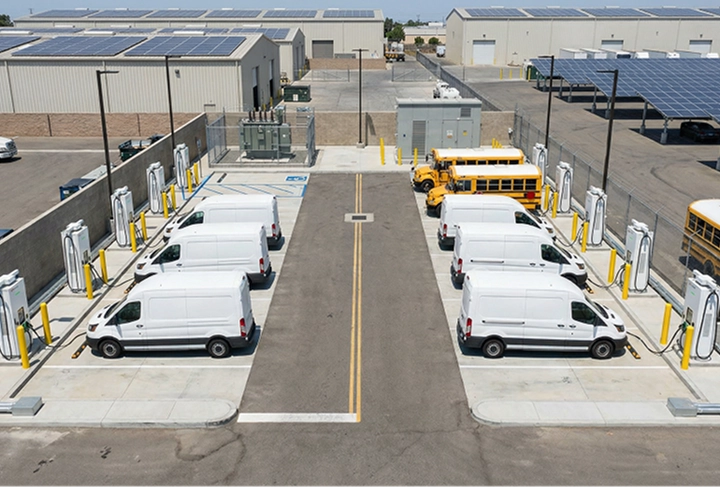 Electric vehicle charging station with multiple white vans and yellow school buses parked and connected to chargers under solar panel canopies.