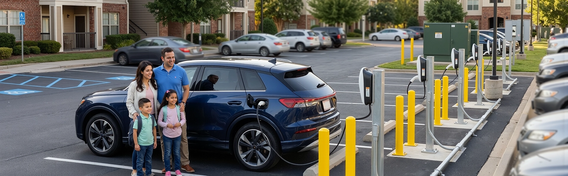 Family of four standing next to a blue electric SUV charging at an outdoor residential parking lot charging station.