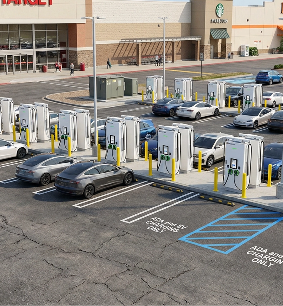 Electric vehicle charging stations with multiple cars parked and charging in front of a Target store and a Starbucks.