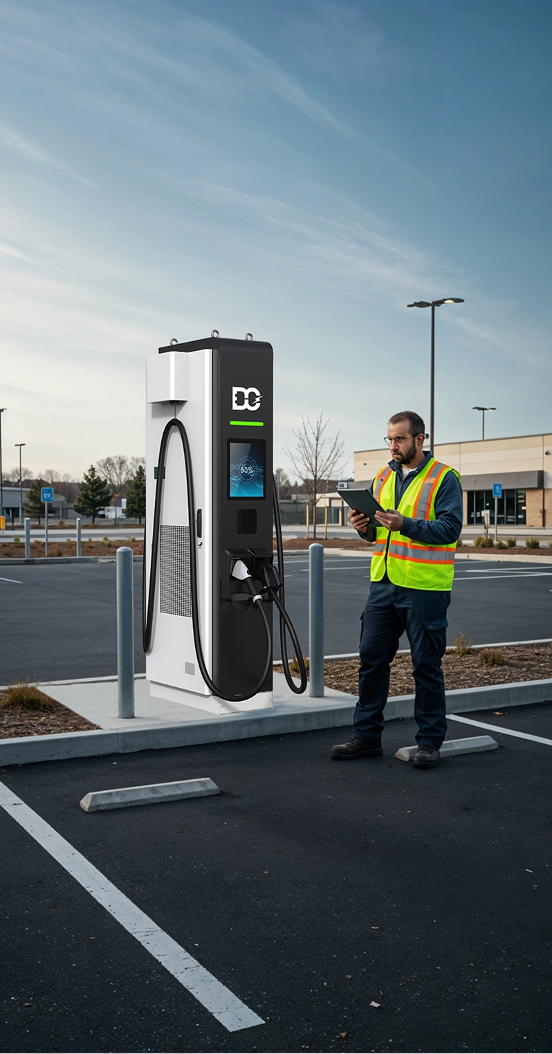 Man in a neon safety vest using a tablet near an electric vehicle charging station in a mostly empty parking lot.