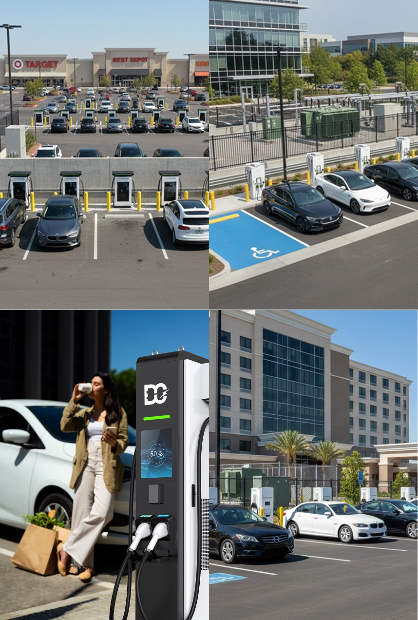 Collage of electric vehicle charging stations at shopping centers and office buildings with cars parked and a woman drinking coffee near a white electric car.