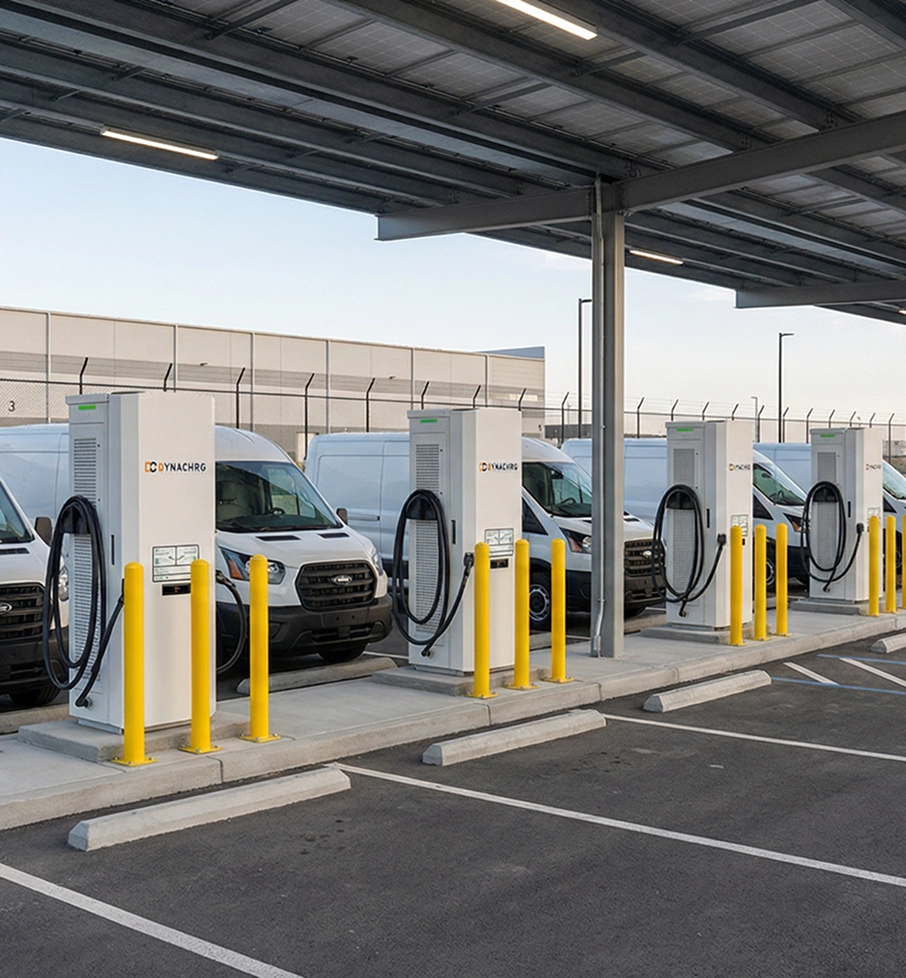 Row of white electric vans parked under a canopy at a charging station with multiple Dynachrg chargers and yellow safety bollards.