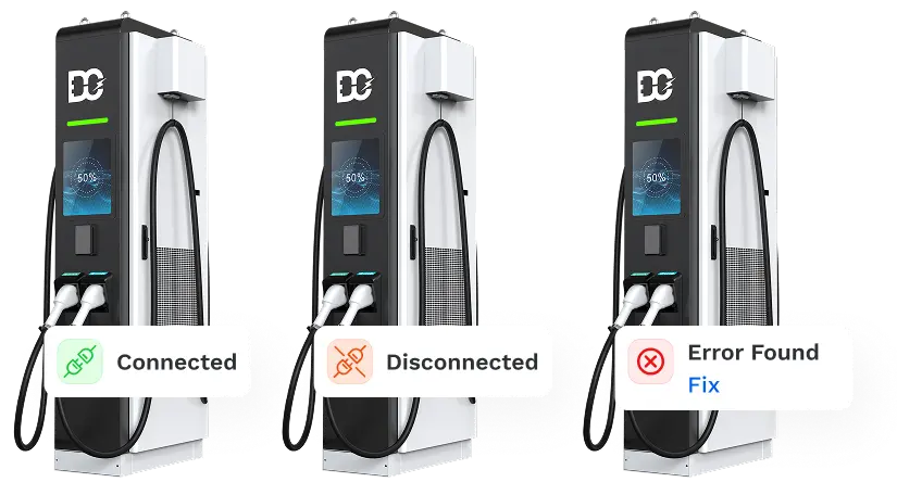 Three electric vehicle charging stations showing different statuses: connected with a green icon, disconnected with an orange icon, and error found with a red icon and a fix link.