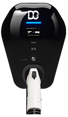 Close-up of a black electric vehicle charger with a white charging plug attached and a digital display screen showing the DC logo and charging status.