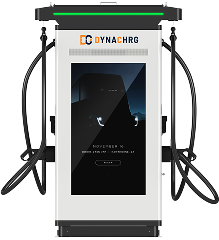 DYNA CHRG electric vehicle charging station with dual charging cables and digital screen.