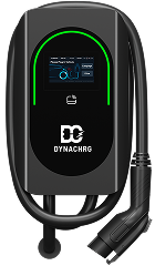 Dynachrg electric vehicle charging station with a screen and attached charging cable.