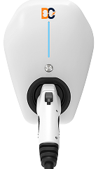 White electric vehicle charging connector with a vertical blue light indicator and a stylized DC logo at the top.