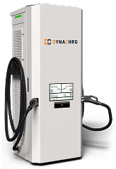 White Dynachrg electric vehicle charging station with a cable and connector on the side.
