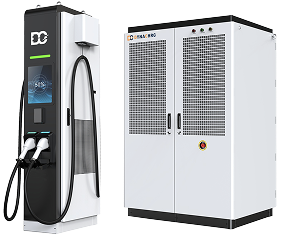 Modern DC electric vehicle charging station with charging cables and control unit.