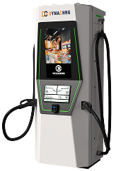 Electric vehicle charging station with dual charging cables and a digital display screen.
