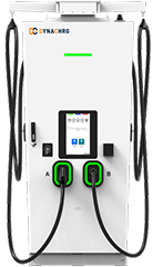 DYNACHRG electric vehicle charging station with two charging cables and a digital screen.