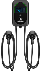 Black dual electric vehicle charging station with two cables and connectors hanging on each side, featuring a small screen and recycling symbol on the front.