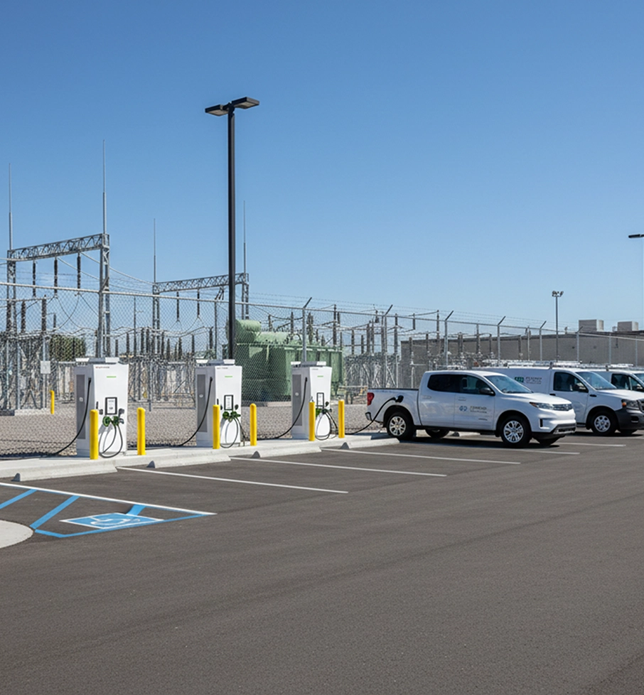 Electric vehicles charging at multiple white charging stations in a fenced utility substation parking lot.