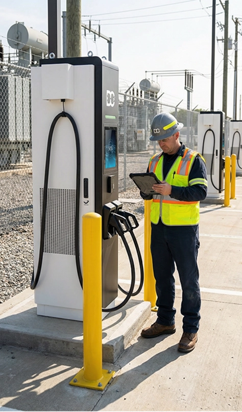 Worker in a safety vest and helmet using a tablet next to an electric vehicle charging station in an outdoor industrial setting.