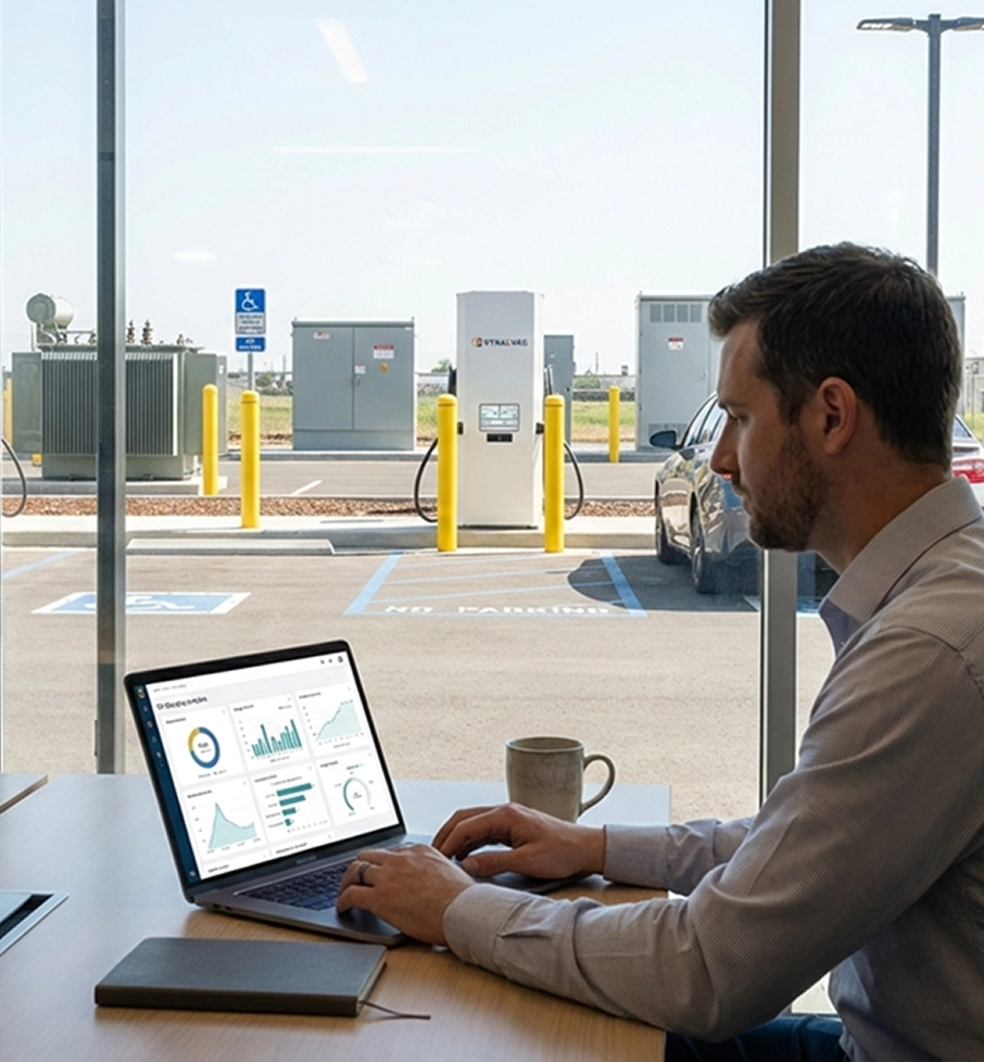 Man sitting at a desk working on a laptop with data analytics displayed on screen, near a window overlooking a parking lot with electric vehicle charging stations.