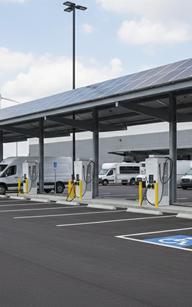 Electric vehicle charging station with solar panels overhead and several white vans parked nearby.