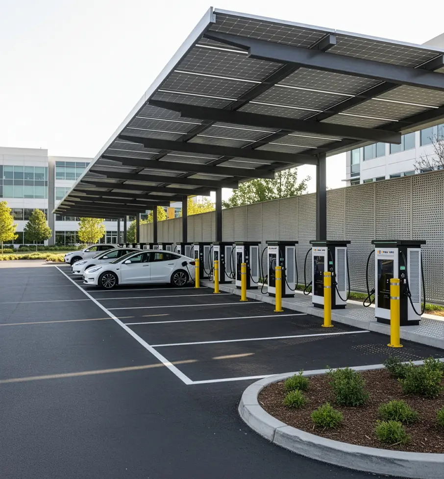 Electric cars parked under solar panel canopy at a row of EV charging stations in a corporate parking lot.