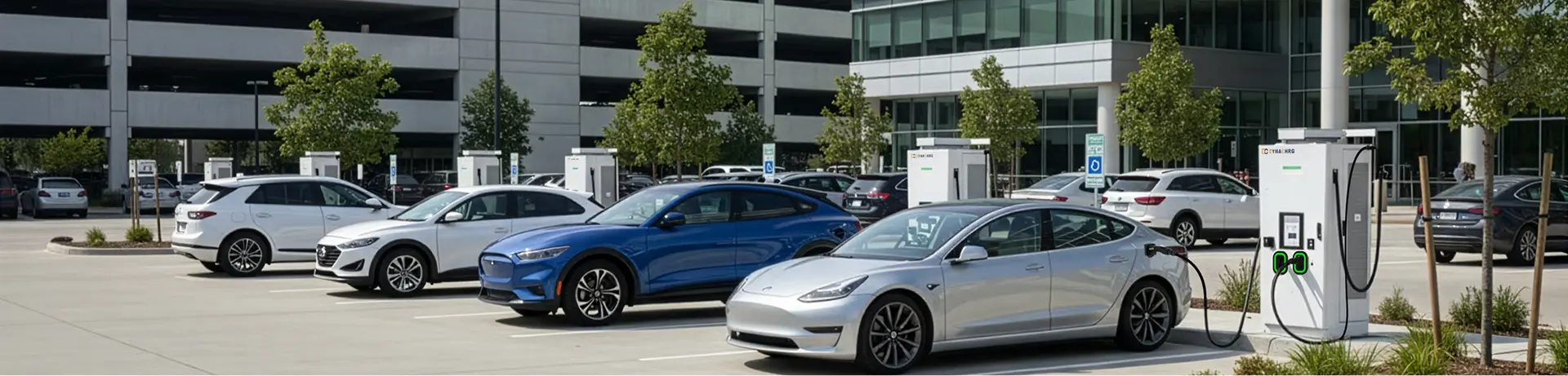 Several electric cars parked and charging at a row of white charging stations in a commercial parking lot with trees and buildings in the background.