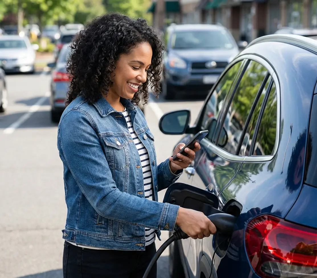 Woman in denim jacket charging her electric vehicle while looking at her smartphone in a parking lot.