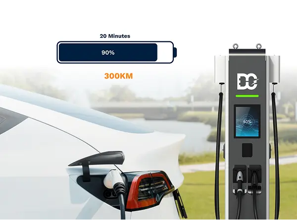 Electric vehicle charging at a station with an indicator showing 90% charge in 20 minutes for 300 km range.