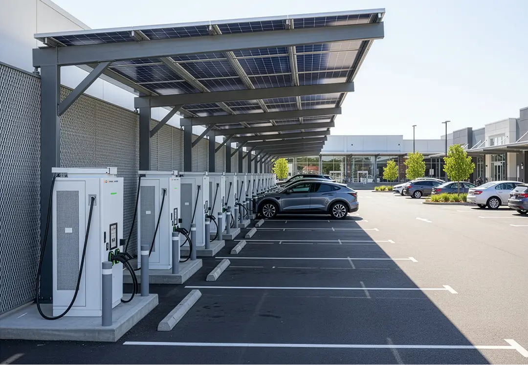 Electric vehicle charging station with multiple charging units under a solar panel canopy, one SUV connected and parked.