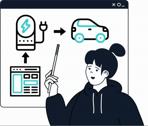 Person pointing at icons showing electric car charging connected to a web interface.