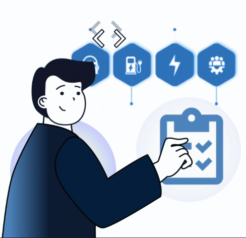 Illustration of a person pointing at a checklist with icons representing technical testing processes in the background.