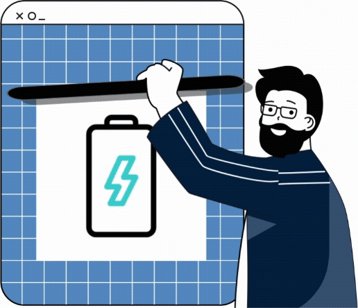 Animated man drawing a battery charging icon on a digital grid screen.