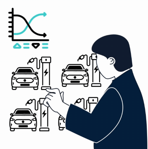 Person interacting with multiple electric cars charging and a graph showing data trends.