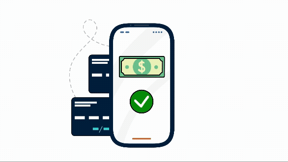 Smartphone with a dollar bill and green checkmark symbolizing successful mobile payment next to credit cards.