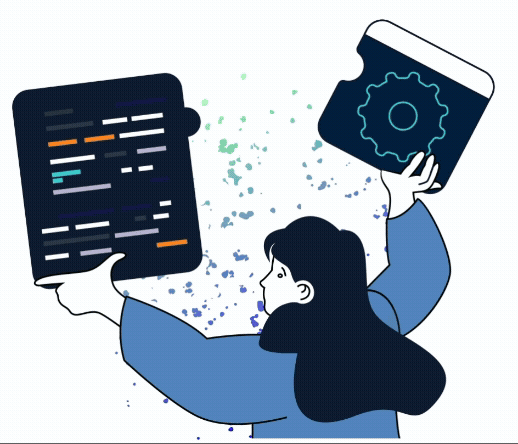 Person holding a document with code in one hand and a gear icon in the other, symbolizing coding and settings.