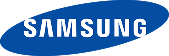 Samsung logo in white text on a blue oval background.