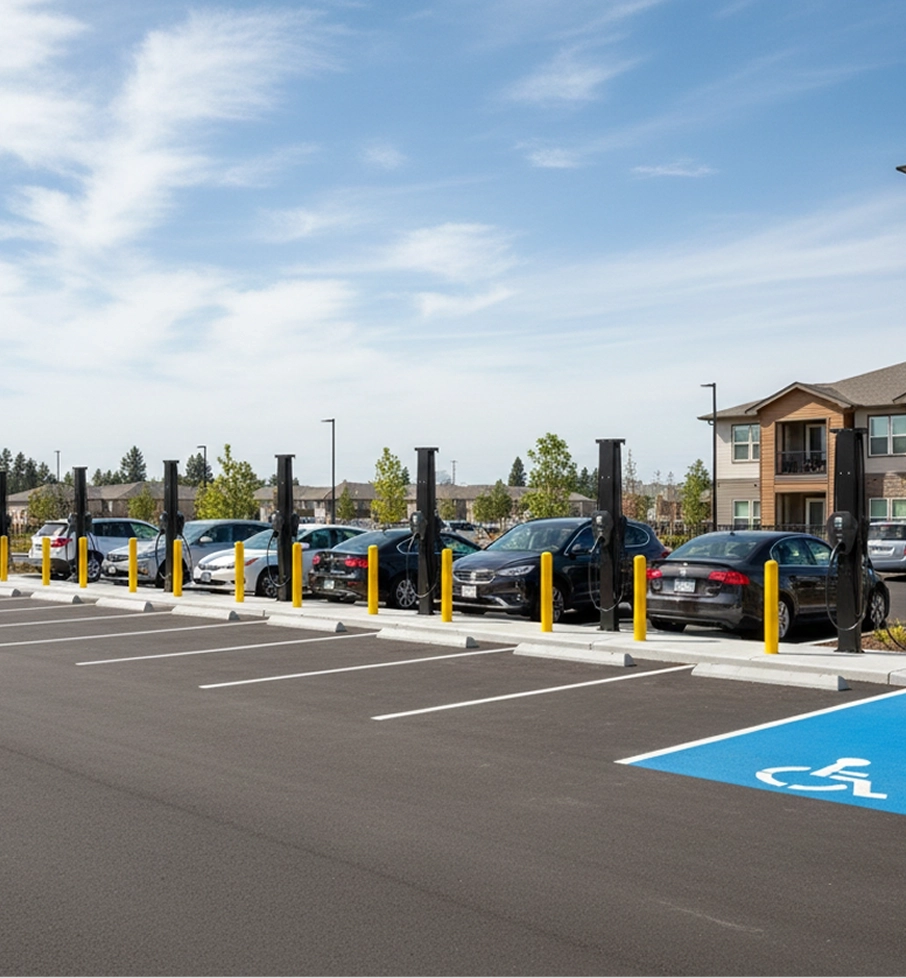 Parking lot with multiple electric vehicle charging stations and several parked cars under a blue sky.