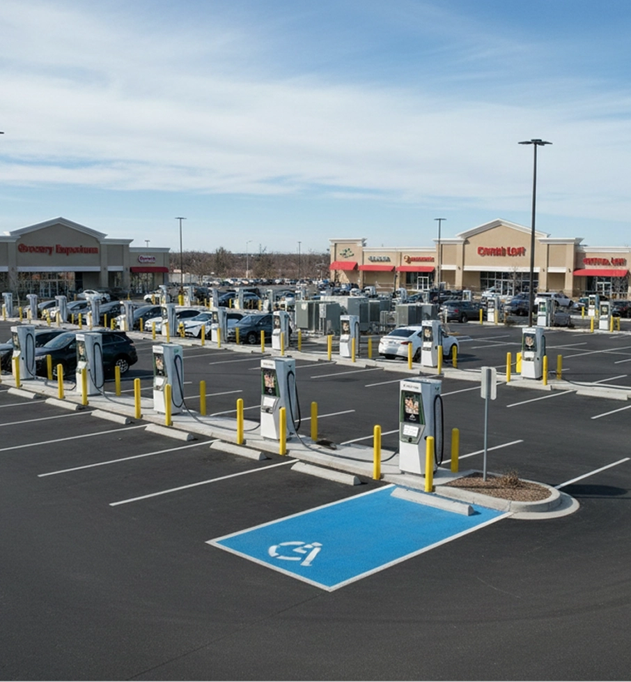 Parking lot with multiple electric vehicle charging stations and a blue handicapped parking space in front.