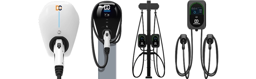 Four electric vehicle AC chargers with cords and digital displays, in different designs and styles.