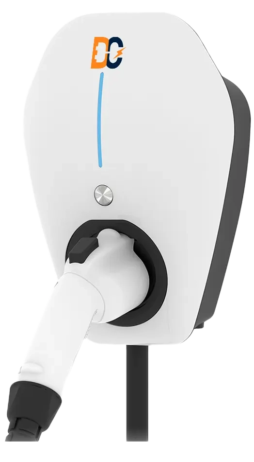 White electric vehicle charging station with plug inserted and DC logo.