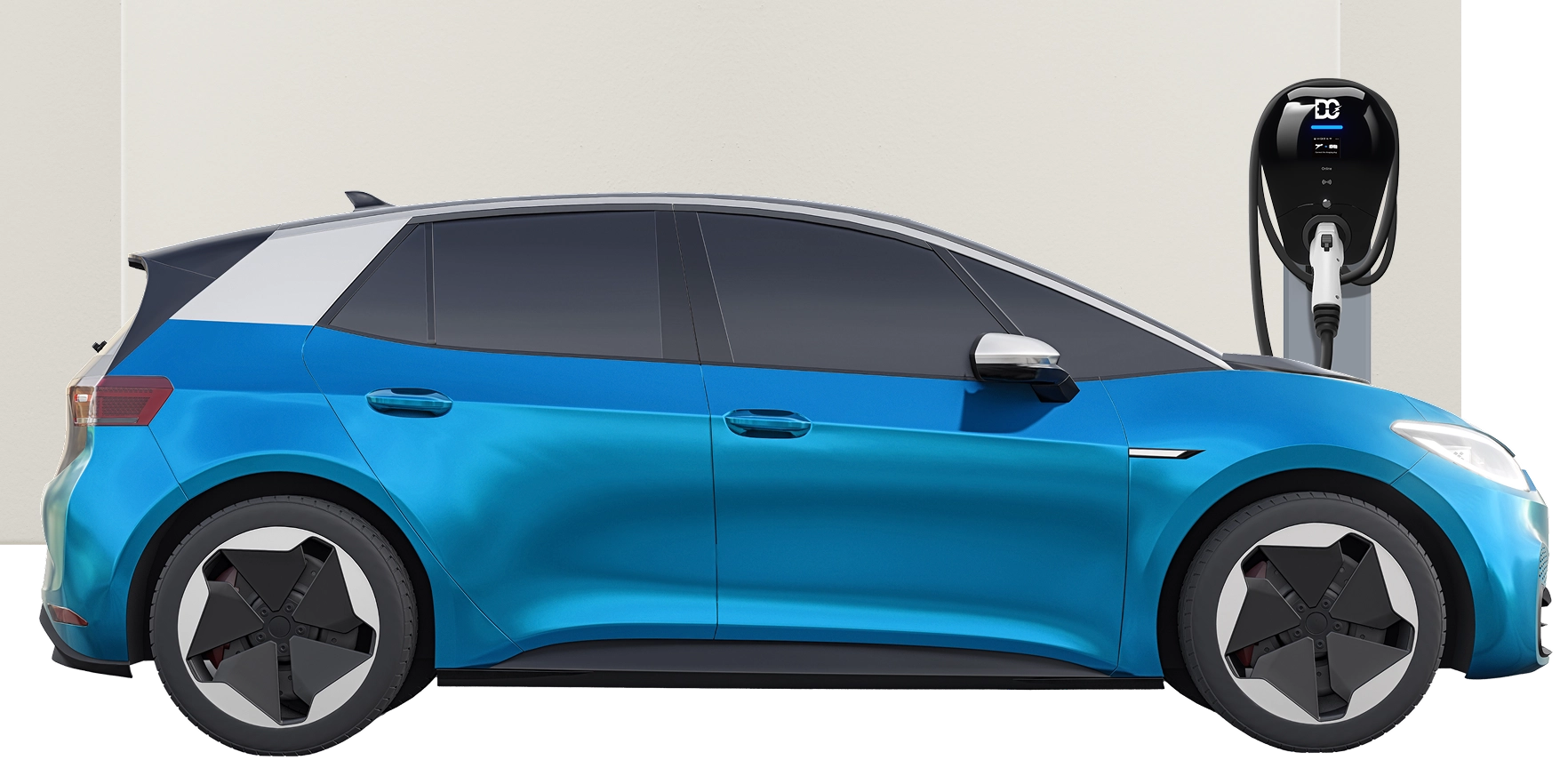 Blue electric hatchback car connected to a black AC charging station.