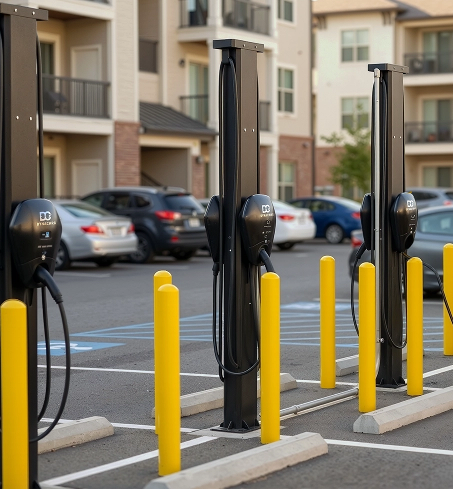 Row of black electric vehicle charging stations in a parking lot with yellow safety bollards.