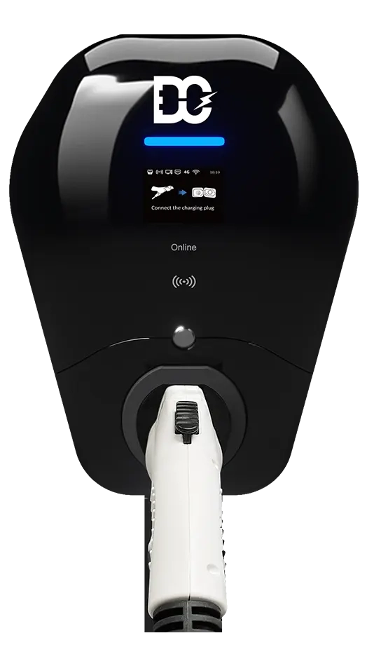 Electric vehicle charging station with a white charging plug connected and a blue progress bar on the screen.