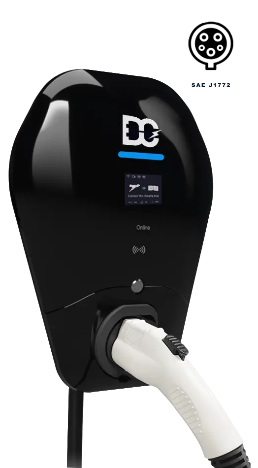 Black DC electric vehicle charging station with white charging plug connected.