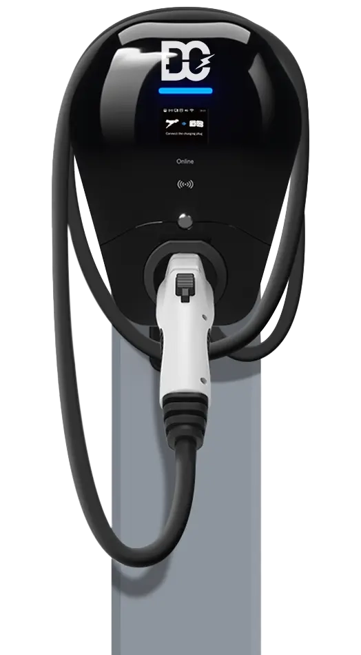 Black electric vehicle charging station with attached charging cable and white connector.