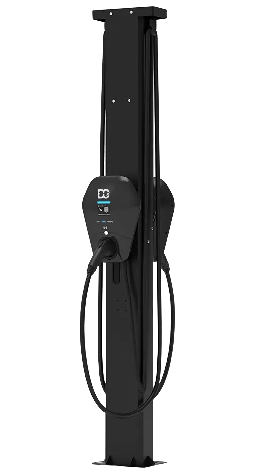 Tall black electric vehicle charging station with coiled charging cable and plug.