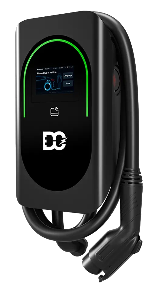 Black electric vehicle charger with digital display and coiled charging cable.