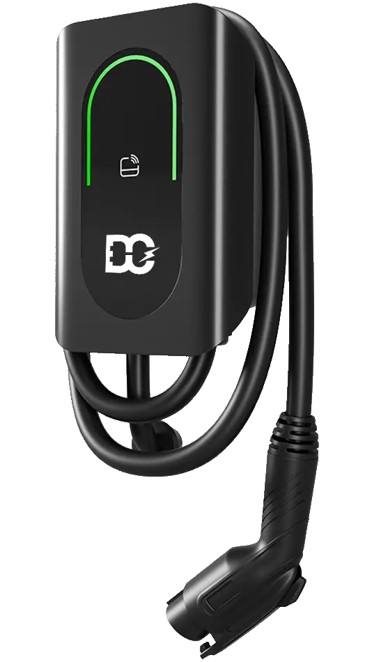 Black electric vehicle charging station with attached cable and connector plug.