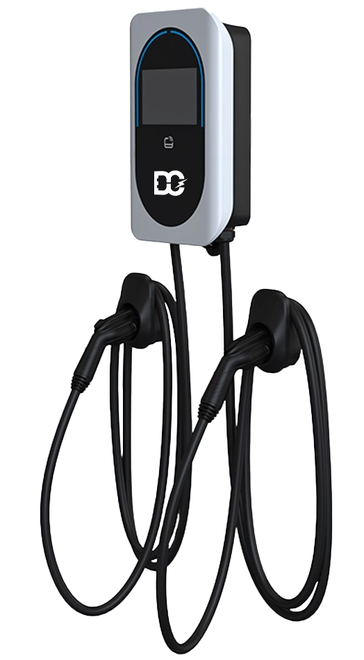 Wall-mounted electric vehicle charger with two black charging cables and connectors.